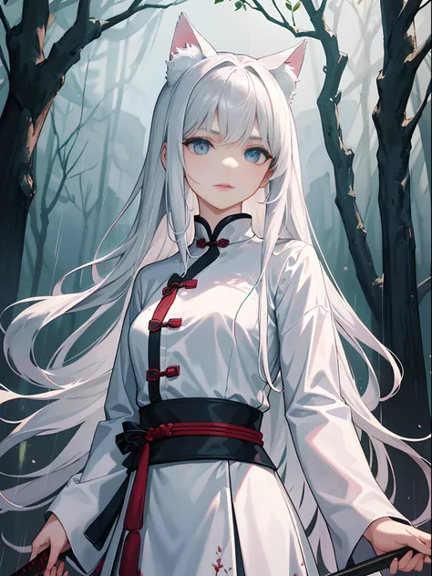 Masterpiece, Super Class, Night, Outdoor, Rainy Day, Branches, Chinese Style, Ancient China, 1 girl, young girl, Silver-White Long-Haired Woman, Gray-Blue Eyes, Pale Pink Lips, Indifference, Seriousness, Bangs, Assassin, Sword, White Clothes, Blood, Blood,...