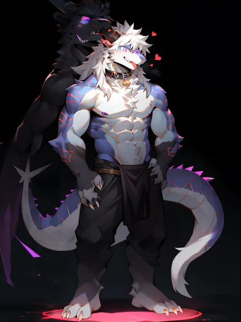 One guy，独奏，Full body like，shaggy male，hairy bodies，Correct anatomy，Detailed double eyes，glowing light eyes，Wearing a naked，Black loincloth，Muscular，long  white hair，drak，shoun（thin tall body type），male people，There are small horns on the head，black-skinned...