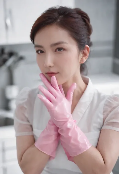 Meilin from Advanced Metal Gear Research Institute. Highly realistic. rubber glove、Pink rubber gloves、Pink cooking gloves、Long gloves、Glossy gloves、Glossy apron、Getting wet with white liquid、cum shots