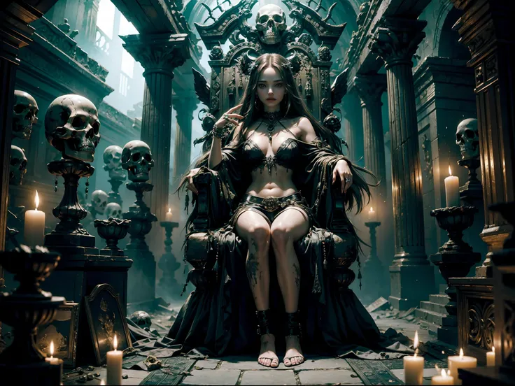 a teen Natalie Portman dressed emerges as a captivating figure amidst the Dark Temple. her physical appearance tells a story of tragic transformation and decay, evoking both fascination and a sense of unease. the teenage necromancer girls once-youthful cou...