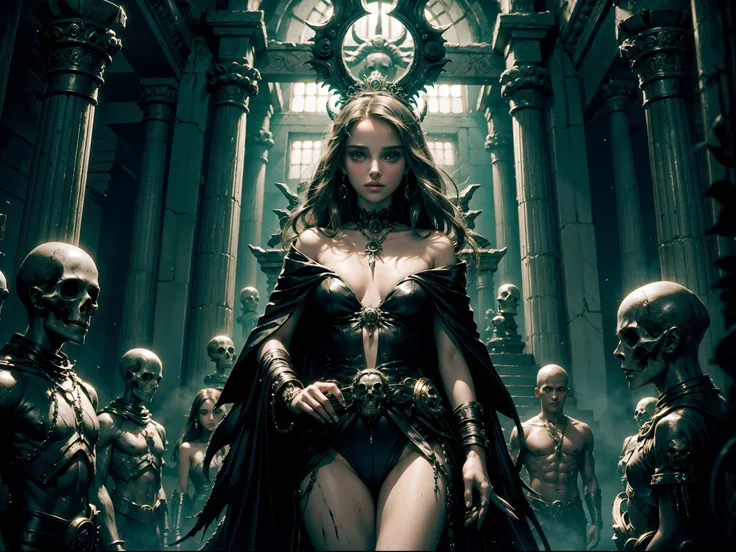 a teen Natalie Portman dressed emerges as a captivating figure amidst the Dark Temple. her physical appearance tells a story of tragic transformation and decay, evoking both fascination and a sense of unease. the teenage necromancer girls once-youthful cou...