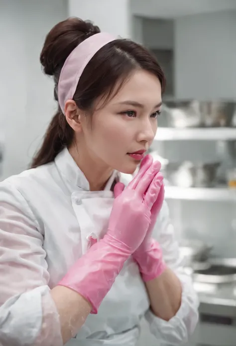 Meilin from Advanced Metal Gear Research Institute. Highly realistic. rubber glove、Pink rubber gloves、Pink cooking gloves、Long gloves、Glossy gloves、Glossy apron、Getting wet with white liquid、cum shots