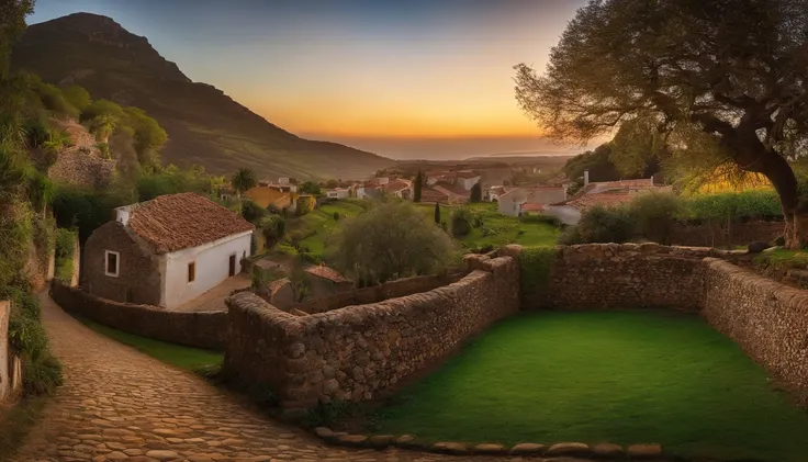 Tranquila aldeia camponesa aninhada nas colinas, com casas de madeira desgastada pelo tempo, clustered along cobblestone streets, Conceptual art, panorama, UHD, 16k