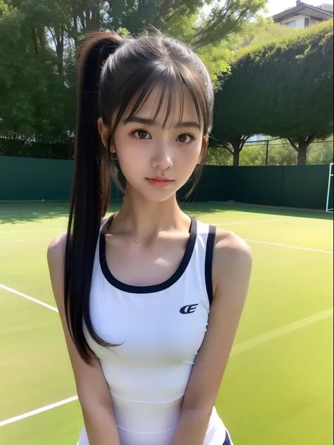 wariza，年轻，Tennis Wear，teens girl，Delicate body，petite body，Delicate body，small tits，tiny chest，A dark-haired，Very Longhair，poneyTail，lawn