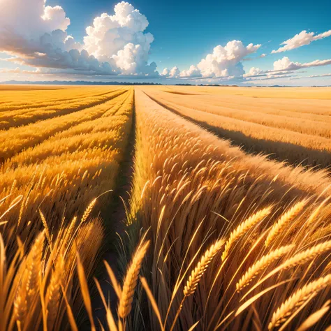 Golden Fields of Wheat:

Vast fields of golden wheat swaying in the breeze under a clear blue sky.