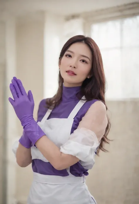 Meilin from Advanced Metal Gear Research Institute. Highly realistic. rubber glove、Purple rubber gloves、Purple cooking gloves、Long gloves、Glossy gloves、Glossy apron、Gripping the、Getting wet with white liquid、cum shots、Purple rubber mask