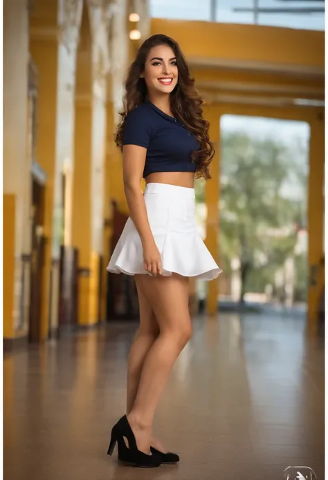 Chica bonita realista, con uniforme de colegiala, semi desnuda, cabello blanco  largo y ondulado, sonriendo, coqueta, pose sexi, pasillo de la escuela, lifting her skirt to show her