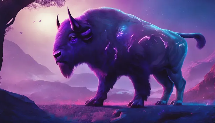 Fantasy World Saber-toothed Bison，Emits blue-violet light，Glow effects，the night，中景 the scene is，Full body like， highly detailed surreal vfx，oc rendered，Shoot with 70 mm - AR