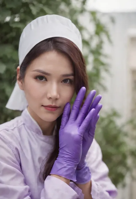 Meilin from Advanced Metal Gear Research Institute. Highly realistic. rubber glove、Purple rubber gloves、Purple cooking gloves、Long gloves、Glossy gloves、Glossy apron、Gripping the、Getting wet with white liquid、cum shots、Purple Rubber Mask