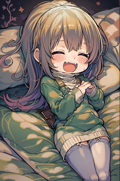 masutepiece, Best Quality, 1 girl, Solo, effect, Dark background, Sleeping in bed with a happy face,chibi