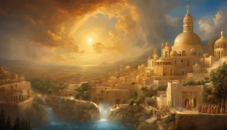 Describe the descent of the New Jerusalem from the heavens. Paint a captivating picture of the heavenly city and how it offers hope amid the chaos. Highlight the occurrence of people facing this miraculous event.