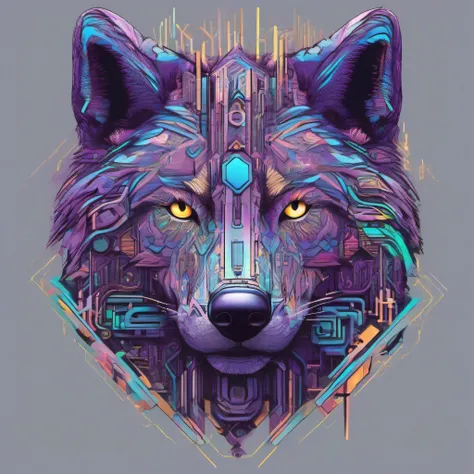 cyberpunk aesthetic:0.9, (wolf face)1.4, neon outlines, circuitry patterns:1.2 intertwining with fur, glowing eyes:1.3 projecting digital data streams, chrome and metallic accents, half-machine half-organic:1.1, vivid color palette of (neon blues, purples,...