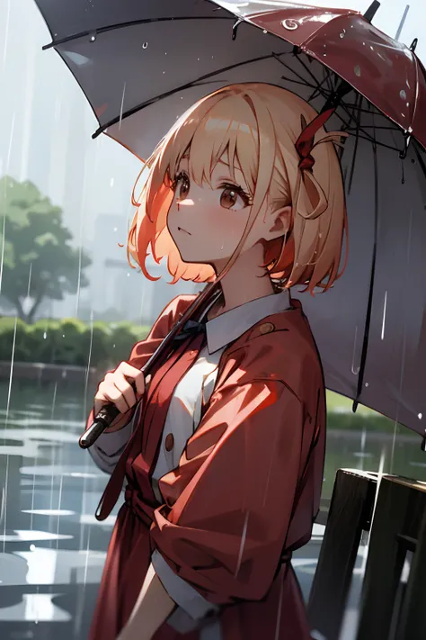 chisato nishikigi ,a blond、hair adornments、red clothing、Being hit by the rain、rain is falling、outside of house、Hair is wet、Wet、Water drips