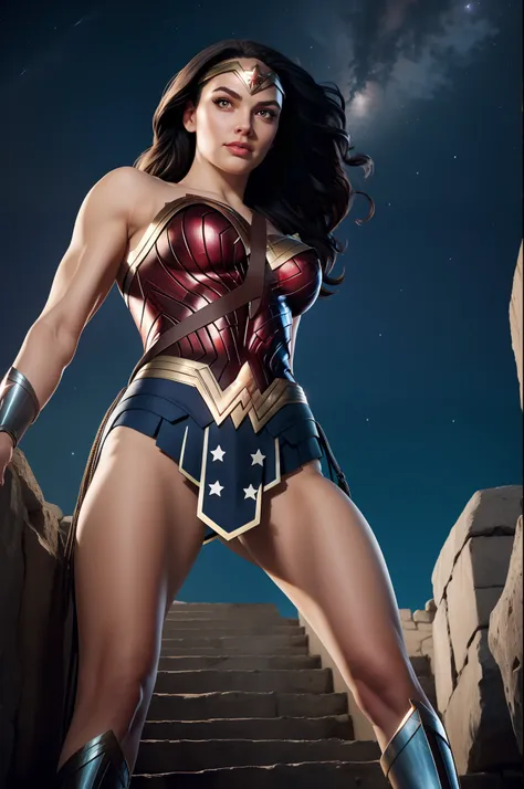 Wonder woman, Portrait photo by Altgarm, realism style, Glowing skin, Cartoon hero, Defined lips, Strong physical strength, Feminine body, Full body, viewer, Depth of field f/1.8, natta, ultra wide lens, ((Shooting from below)), (large udder:1.2), Ancient ...