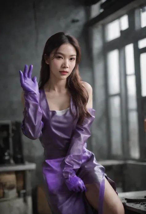 Meilin from Advanced Metal Gear Research Institute. Highly realistic. rubber glove、Purple rubber gloves、Purple cooking gloves、Long gloves、Glossy gloves、Glossy apron、Gripping the、Getting wet with white liquid、cum shots、Wear a mask、Rubber mask、