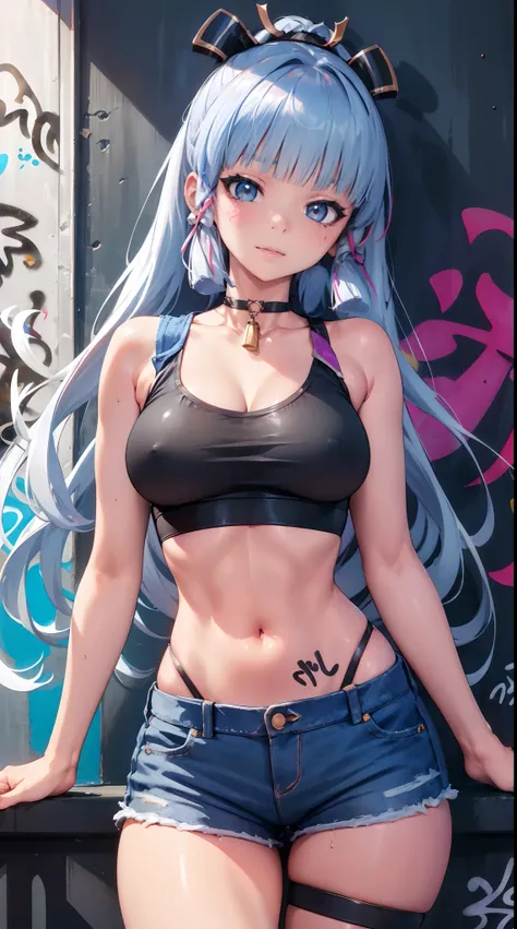 kamisato ayaka|genshin impact, master-piece, bestquality, 1girls,25 years old, oversized breasts, crop top, shorts jeans, oversized breasts, ,bara, crop top, shorts jeans, choker, (Graffiti:1.5), Splash with purple lightning pattern., arm behind back, agai...