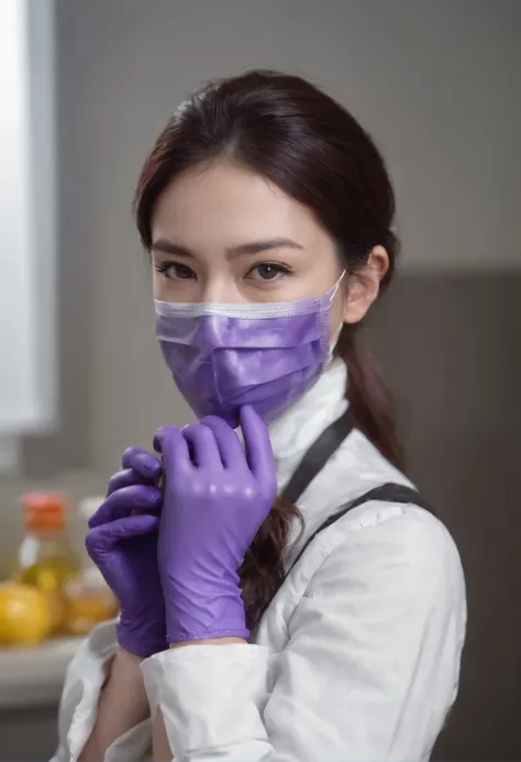 Meilin from Advanced Metal Gear Research Institute. Highly realistic. rubber glove、Purple rubber gloves、Purple cooking gloves、Long gloves、Glossy gloves、Glossy apron、Gripping the、Getting wet with white liquid、cum shots、Wear a mask、Rubber mask、