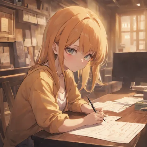 Girl with fountain pen on desk　 summer clothing　School　detaileds　Dramatic Lighting 　Matte texture　Shallow depth of field　pixiv style　high-angle shot　wide angles　cel anime