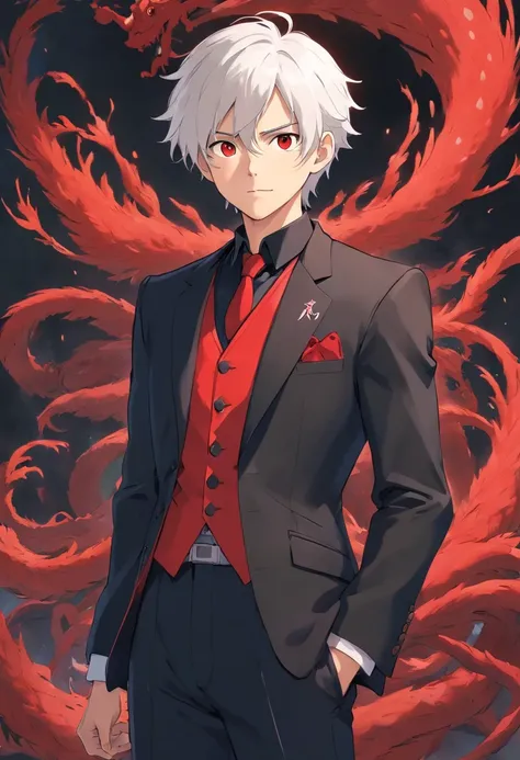 young  male，Black and red suit，Cool white skin，whaite hair，magister