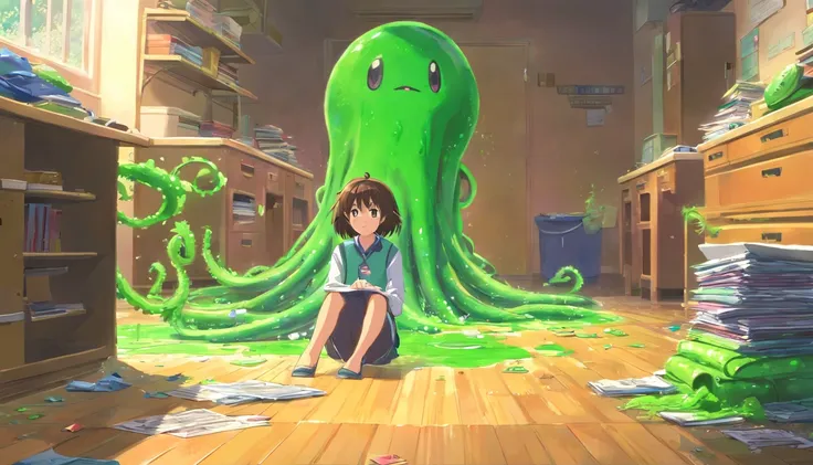 1girl, discarded clothes on floor, green slime alien blobs with tentacles, background:small school, checkerboard floor,mess,newspapers,(green slime blasts),