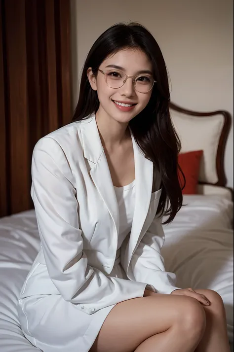 there is a woman sitting on a bed with a white dress, a picture by Robbie Trevino, instagram, happening, cindy avelino, julia sarda, wearing white suit and glasses, with an elegant smile, beautiful and smiling, charming smile, fanart, with glasses, wearing...