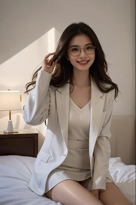 there is a woman sitting on a bed with a white dress, a picture by Robbie Trevino, instagram, happening, cindy avelino, julia sarda, wearing white suit and glasses, with an elegant smile, beautiful and smiling, charming smile, fanart, with glasses, wearing...