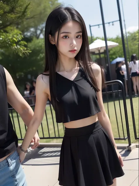 年轻，(Flared skirt in black，Black blouse)，teens girl，Delicate body，petite body，Delicate body，small tits，tiny chest，A dark-haired，Very Longhair，An amusement park