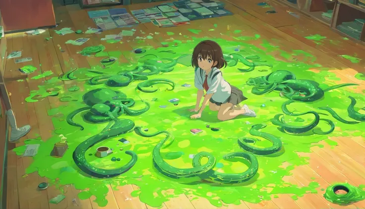 1girl, discarded clothes on floor, green slime alien blobs with tentacles, background:small school, checkerboard floor,mess,newspapers,(green slime blasts),