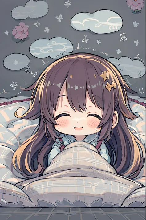 masutepiece, Best Quality, 1 girl, Solo, effect, Dark background, Sleeping in bed with a happy face,Chibi,Wrapped in a futon