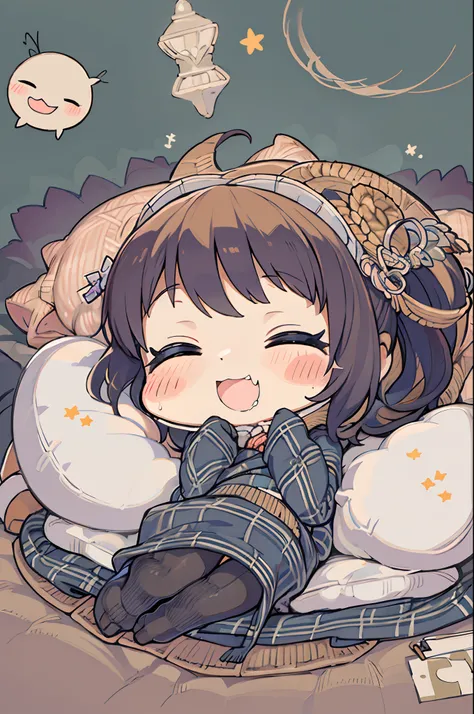 masutepiece, Best Quality, 1 girl, Solo, effect, Dark background, Sleeping in bed with a happy face,Chibi,Wrapped in a futon