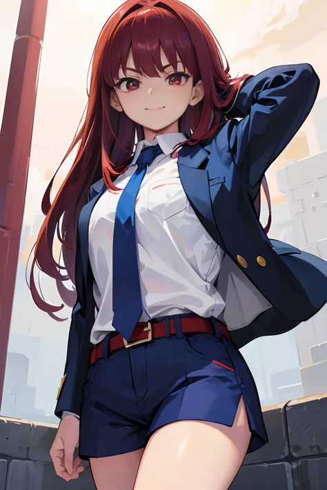 1girl, short height, about 17 years old, blood red hair, unique hair, red hair, Carmine eyes, Carmine red eyes, upper body, white shirt, unique clothing, peek character design, dark blue shorts, dark blue blazer, simple pose, gray belt, light smile, lookin...