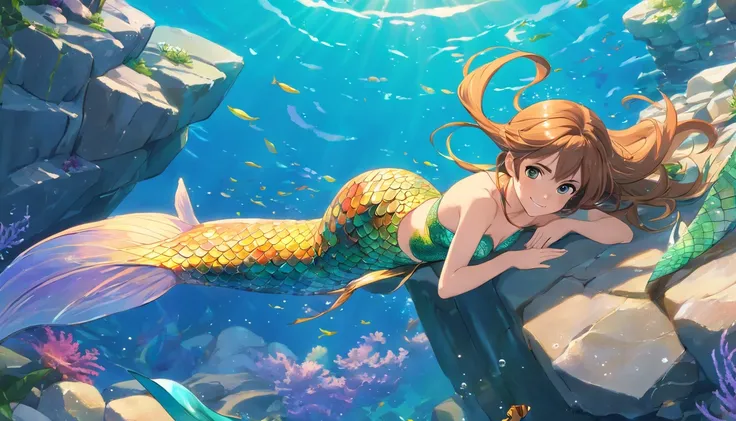 Emma Watson, mermaid tail, smiling, ((mermaid scales covering )), (scales blending into skin:1.4), ((camera angle straight on)), underwater, (laying on rocks), entire body, full body photography, stunning face, perfect face, beautiful features, realistic f...