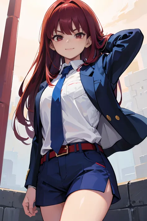 1girl, short height, about 17 years old, blood red hair, unique hair, red hair, Carmine eyes, Carmine red eyes, upper body, white shirt, unique clothing, peek character design, dark blue shorts, dark blue blazer, simple pose, gray belt, light smile, lookin...