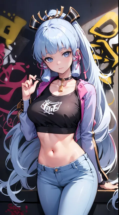 kamisato ayaka|genshin impact, master-piece, bestquality, 1girls,25 years old, proportional body, elongated legs, Beautiful, proportional., crop top, Long Jeans, mediuml breasts, ,bara, crop top, choker, (Graffiti:1.5), Splash with purple lightning pattern...