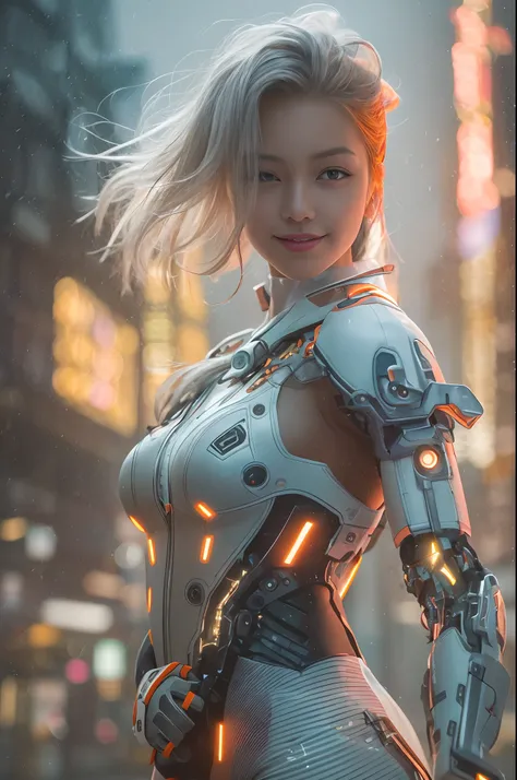 Cybernetic arm and glowing cyber girl,(J Womens Uniform,a sailor suit,White skirt,),Strenuous movements,Add a motion blur effect to simulate motion,Stand on a post-apocalyptic battlefield cityscape.Surrounded by a network of wires. Surrounded by a web of c...