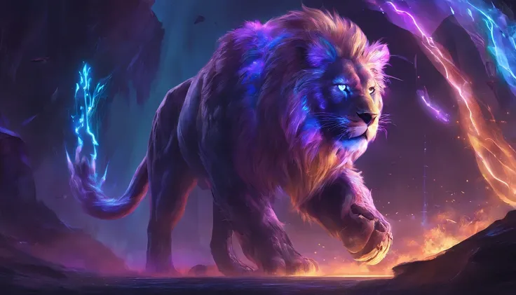 Fantasy World Saber-toothed Lion female human，Emits blue-violet light，Glow effects，the night，中景 the scene is，Full body like， highly detailed surreal vfx，oc rendered，Shoot with 70 mm - AR