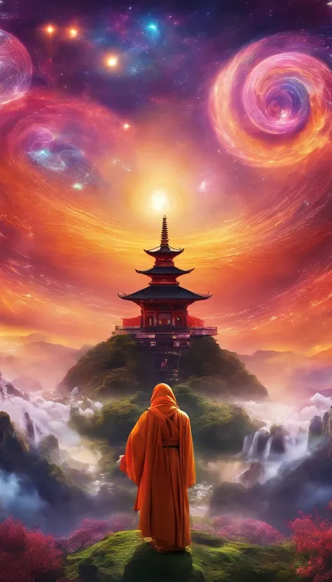 Magical Earth，Witness the magic of the earth，Show the future education scene, Features virtual classrooms, Wisdom Mentor, and the potential for interstellar learning. 8K, buddhist monk