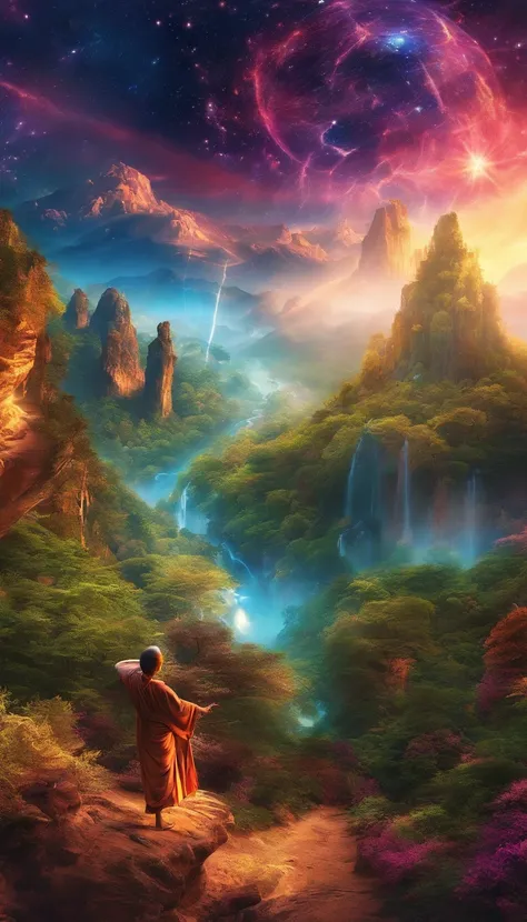 Magical Earth，Witness the magic of the earth，Show the future education scene, Features virtual classrooms, Wisdom Mentor, and the potential for interstellar learning. 8K, buddhist monk