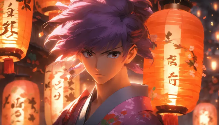 Detailed snapshot, low key lighting, A young man in a kimono with a skirt, short purple hair, Lantern in hand