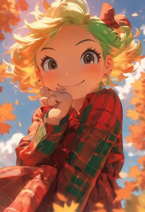 (Masterpiece), (kawaii:1.4), A girl, smiles,(Green tartan plaid dress in Red-orange Based on Wind breaker:1.2)open in front, (not large tasty, Small breasts), (deep blue eyes), (Pale green hair, Short hair, forehead, Small pigtails), (red-half-rimed glasse...