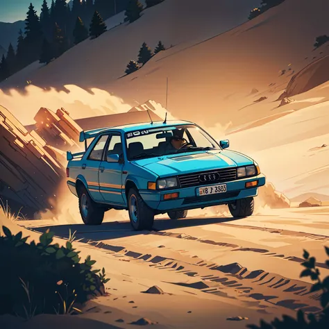 classic car of the 80s, such as Audi Quattro, ultra-detailed, best quality, side view, colorful, in offroad wrcc rally, dust all around in the background, perfect illumination and shadow.