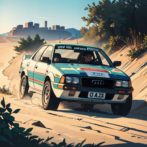 classic car of the 80s, such as Audi Quattro, ultra-detailed, best quality, side view, colorful, in offroad wrcc rally, dust all around in the background, perfect illumination and shadow.