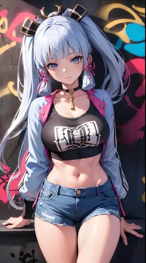 kamisato ayaka|genshin impact, master-piece, bestquality, 1girls,25 years old, proportional body, elongated legs, Beautiful, proportional., crop top, Long Jeans, mediuml breasts, ,bara, crop top, choker, (Graffiti:1.5), Splash with purple lightning pattern...