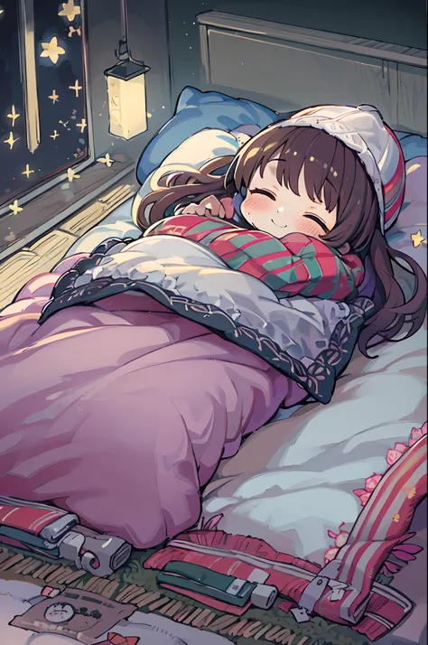 masutepiece, Best Quality, 1 girl, Solo, effect, Dark background, Sleeping in bed with a happy face,Chibi,Wrapped in a futon