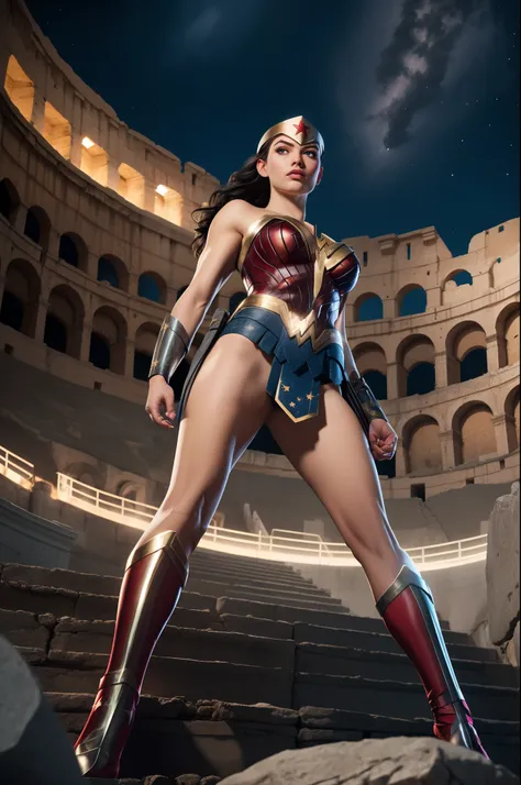 Wonder woman, Portrait photo by Altgarm, realism style, Glowing skin, Cartoon hero, Defined lips, Strong physical strength, Feminine body, Full body, viewer, Depth of field f/1.8, natta, ultra wide lens, ((Shooting from below)), (large udder:1.2), Ancient ...