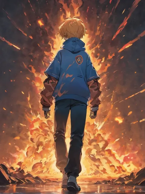 a man with a robotic right arm ,right arm in the fire, wearing hoodie, showing his back to viewer, standing, facing at his left without showing his face, wearing jeans