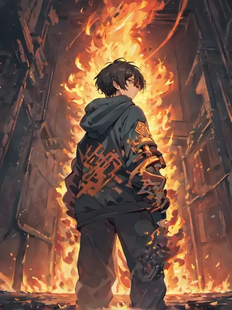 a man with a robotic right arm ,right arm in the fire, wearing hoodie, showing his back to viewer, standing, facing at his left without showing his face, wearing jeans