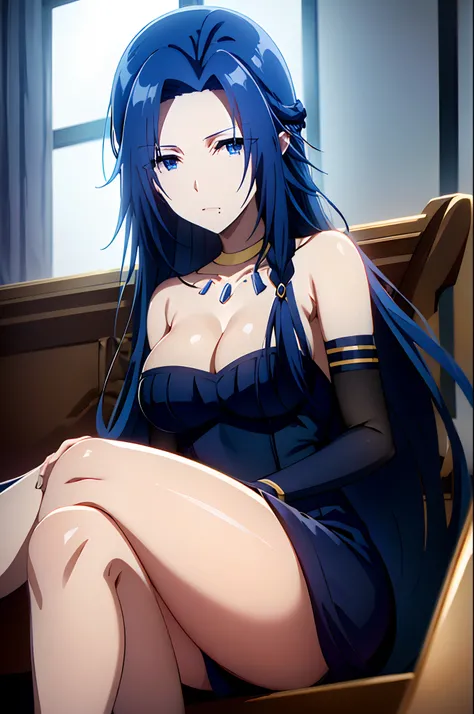 Blue hair,Dark Blue Eyes,sitting on dark sofa