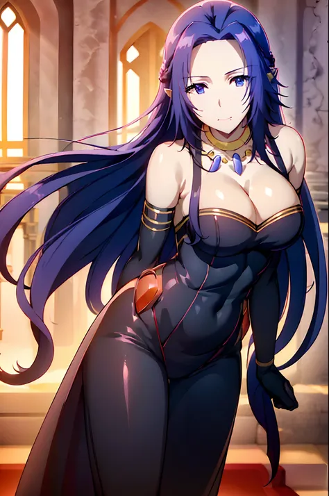 (sunset:1.7), in front of a red carpet in a church with a red carpet on the floor, Standing at attention, black long dress,bridal gauntlets,jewelry,bare shoulders, cleavage, detached sleeves,elbow gloves,collarbone, pointy ears,necklace,Gem, Dark Blue hair...