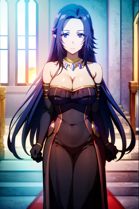 (sunset:1.7), in front of a red carpet in a church with a red carpet on the floor, Standing at attention, black long dress,bridal gauntlets,jewelry,bare shoulders, cleavage, detached sleeves,elbow gloves,collarbone, pointy ears,necklace,Gem, Dark Blue hair...